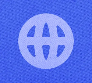 White globe icon on a blue background